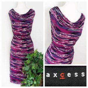 Axcess Purple Dress Cowl Neck Sleeveless Ruched Waist Midi Cocktail Dress